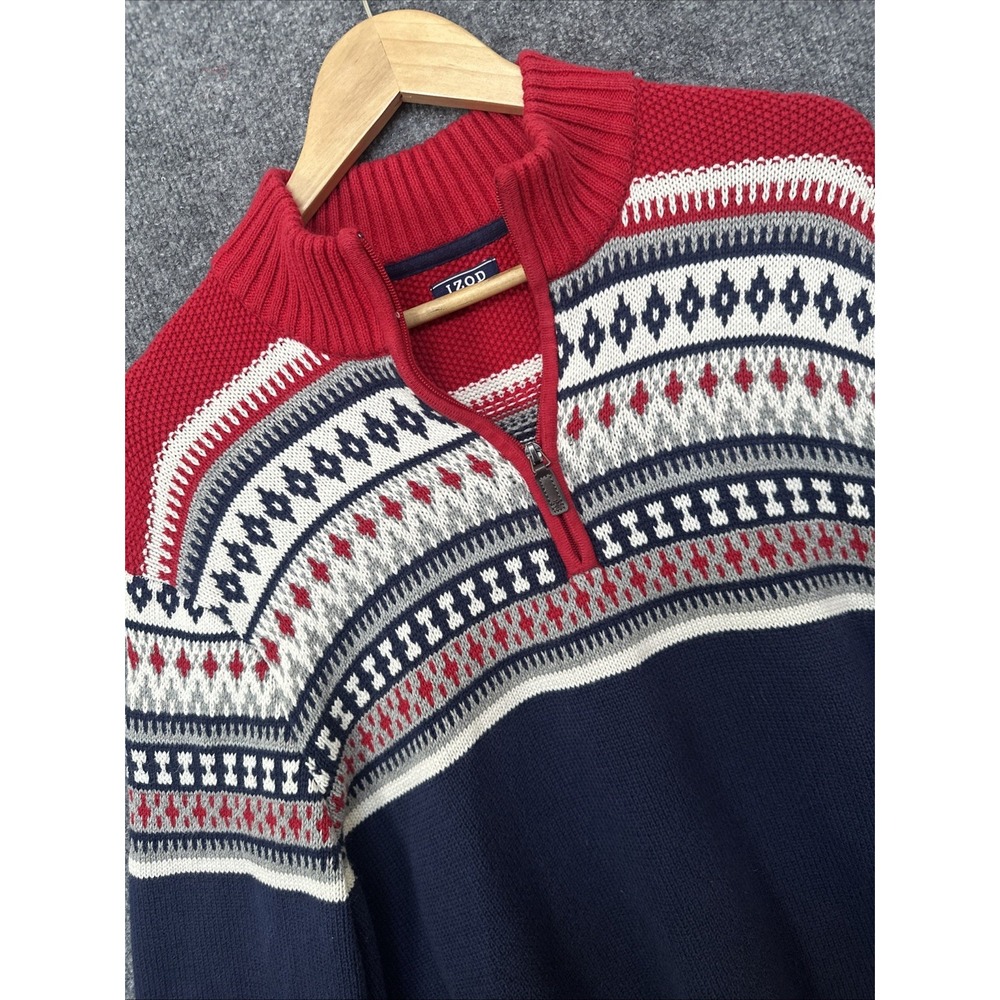 Izod Fair Isle Sweater 1/4 Zip Pullover Knit Mens 2XL Ski Winter Preppy